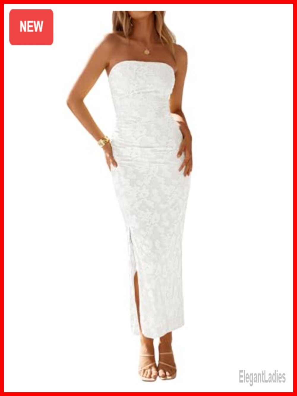 Women's Strapless Floral Embroidered Bodycon Slit Maxi Dress